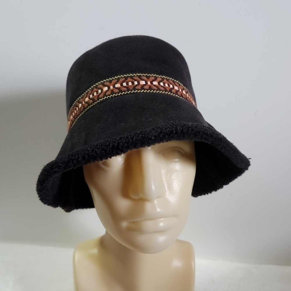 NINE & Company Black Faux Suede Faux Fur Tribal Native Aztec Bucket Hat